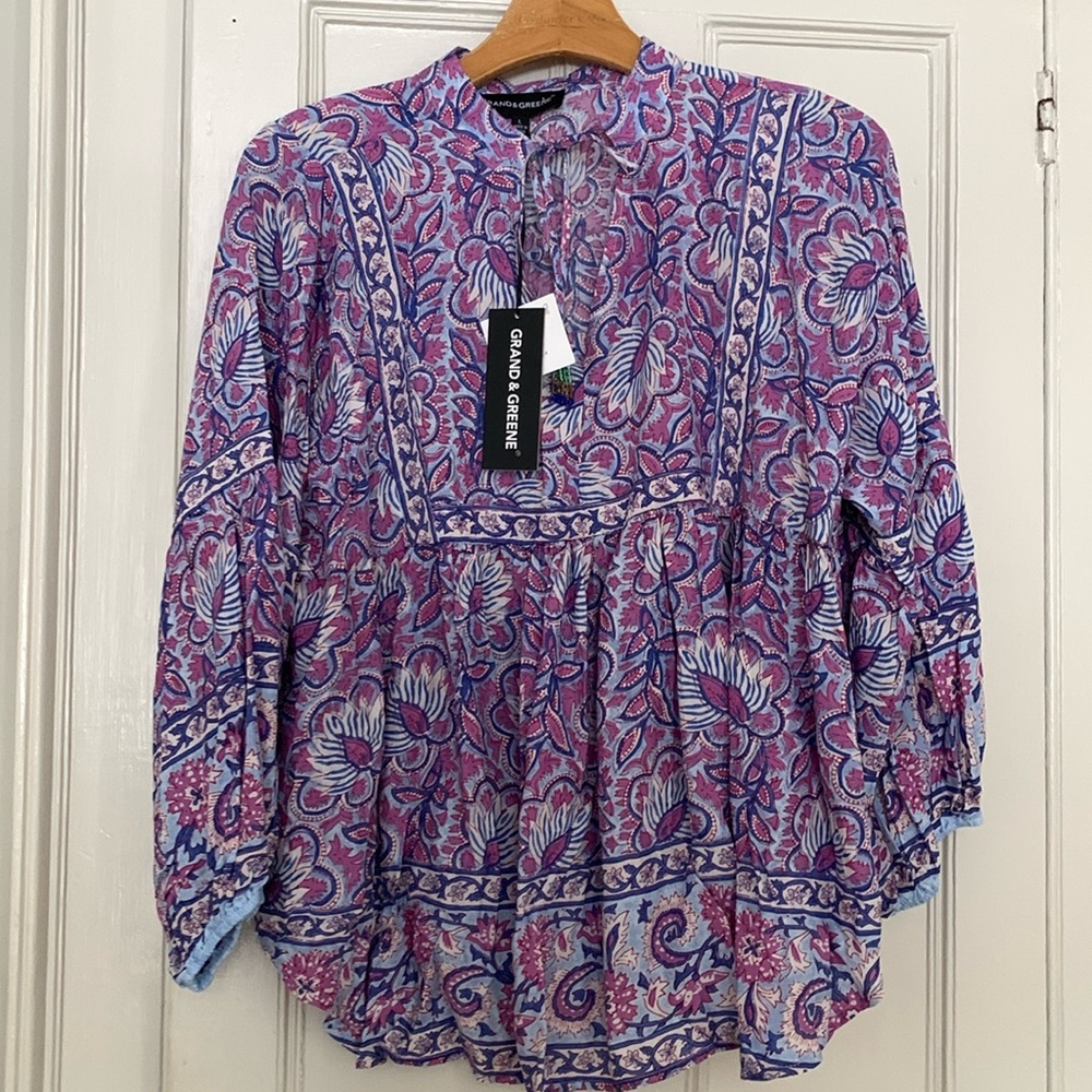 Grand and Greene Boho style purple and pink blouse size large new with tags